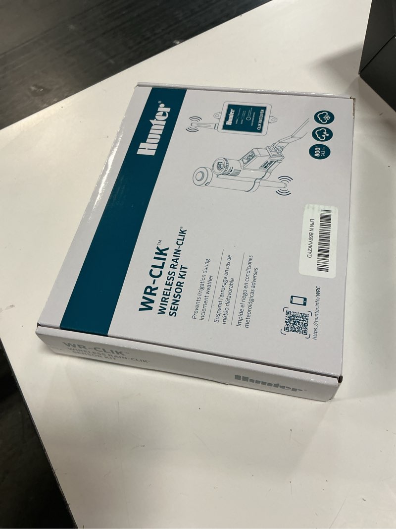 Condition photo showing New/Like New for hunter rain clik wrclik wireless rain sensor system, automatic shutoff for sprinkler controllers, mounts easily to gutter or wall, compatible with most irrigation controllers