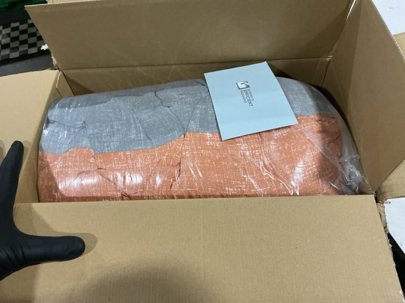 Condition photo showing Good Condition for madison park jaxon full comforter set, bed in a bag comforter & sheet set, modern casual stripes print, all seasons, soft bedding makeover, matching sham, full coral/grey 7 piece coral/grey full