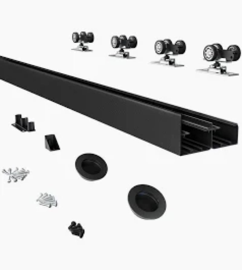 jubest 8ft heavy duty bypass door hardware with finger pulls,sturdy aluminum sliding closet door track for 2 door system,quietly and smoothly,fit door thickness 1 3/8" or 1 3/4",easy to install, black