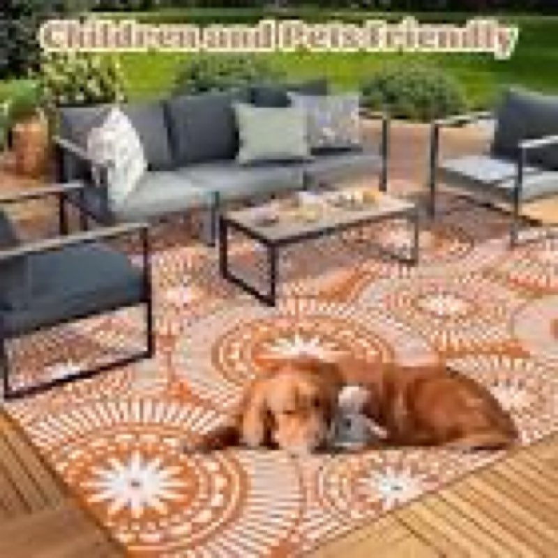 Ileading Large Plastic Outdoor Rug 8x10ft Modern Geometric Style Reversible Patio Area Rugs Waterpro