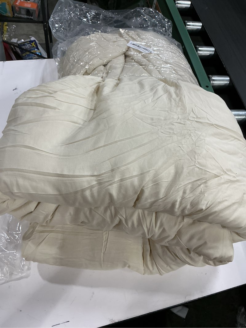 Condition photo showing As Is for Bonlino Queen Comforter Set - Ruched Comforter Queen Size Bed Set Boho Shabby Chic Bedding for Bedroom Comforter Fluffy 3 Piece Ruffle Comforter Set with Pillow White Bedding Soft Wheat Queen