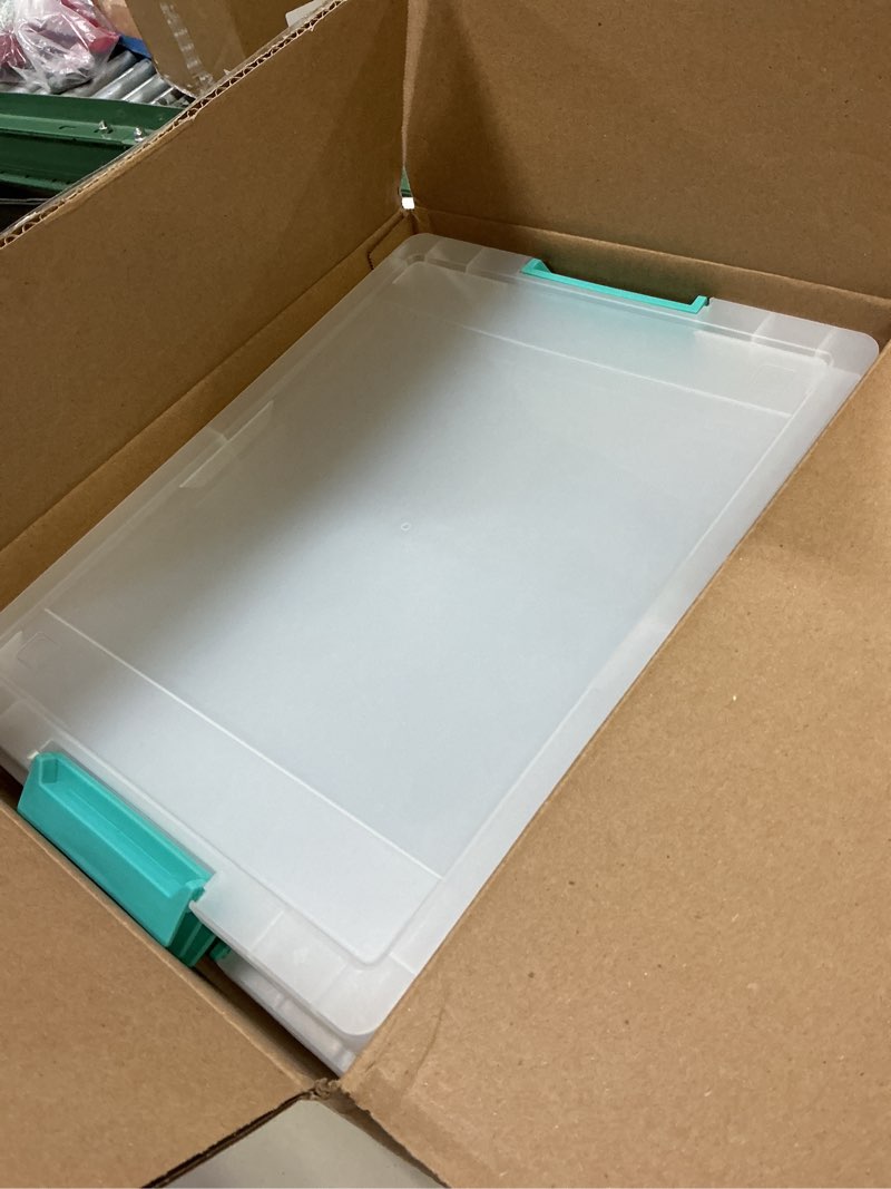 Condition photo showing Good Condition for IRIS USA 6 Qt. Storage Bins with Lids, 4-Pack, |Made in USA|, Small Plastic Craft Container Sensory Totes for Art Supplies, Paper, and Office, Stackable - Clear 6 Qt. - 4 Pack