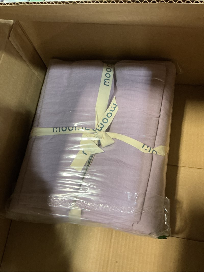 Condition photo showing New/Like New for moomee bedding duvet cover set 100% washed cotton linen like textured breathable durable soft comfy (heathered light purple, queen 90"x90") heathered light purple (no comforter) queen (90"x90")