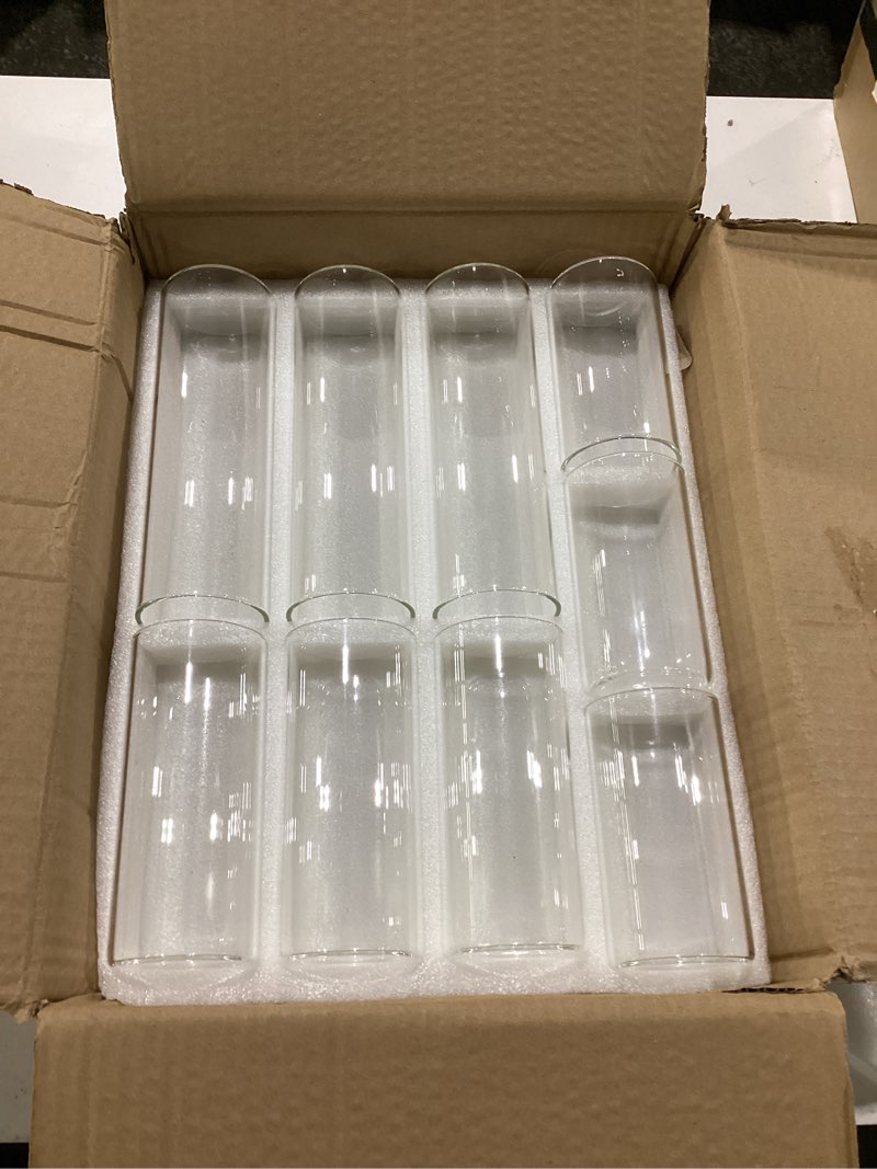 Condition photo showing New/Like New for set of 18 clear glass cylinder vases for centerpieces - tall glass hurricane candle holders, 2.6 inch diameter round vases for wedding, event & table decor with pillar floating candles