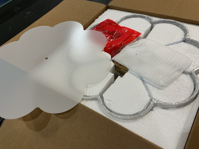Condition photo showing Good Condition for gold semi flush mount ceiling lights, 4-light 18" ceiling light fixtures with fabric shade in flower shape, farmhouse brass drum lighting for nursery bedroom kitchen, ad-22009-4sf-gd gold, flower shade 18"