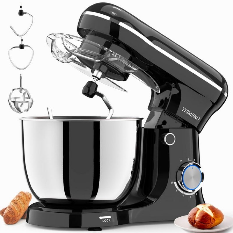 Trimeko New 3-In-1 5.5Qt Stand Mixer with Whisk, Dough Hook, Mixing Beater, Black