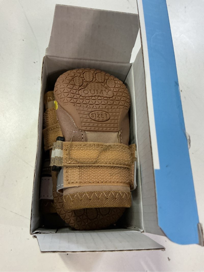 Condition photo showing Good Condition for qumy dog shoes for large dogs, medium dog boots & paw protectors for winter snowy day, summer hot pavement, water-resistant in rainy weather, outdoor walking, indoor hardfloors skid-resistant sole khaki size 1: 1.8''x2.3''(w*l) (pack of 4)