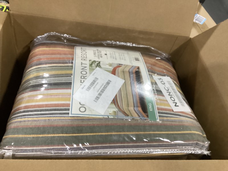 Condition photo showing New/Like New for naples yarn dye stripe 3 piece king quilt set, coastal and nautical themed, oeko-tex certified confidence naples yarn dye stripe king