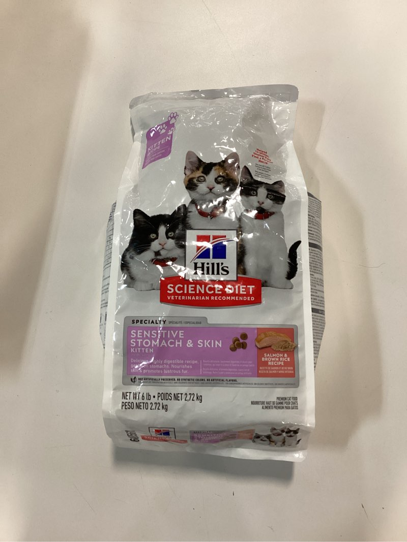Condition photo showing New/Like New for (BEST BY 12/2025) Hill's Science Diet Sensitive Stomach & Skin, Kitten, Stomach & Skin Sensitivity Support, Dry Cat Food, Salmon & Brown Rice, 6 lb Bag