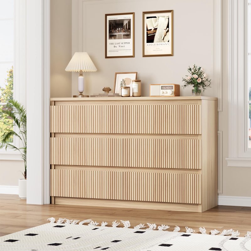 6 drawer dresser for bedroom modern fluted wooden chest of drawers tall 6 drawer double dresser for living room, entryway, brown