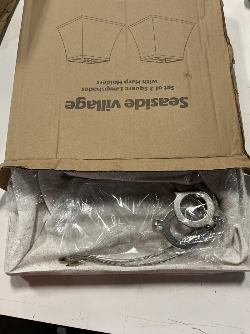 Condition photo showing New/Like New for square bell lamp shades set of 2, 7.5" x 13" x 10" medium beige shade for table lamps floor lamps, fabric natural linen hand crafted(spider fitter), harp holders included, assembly required