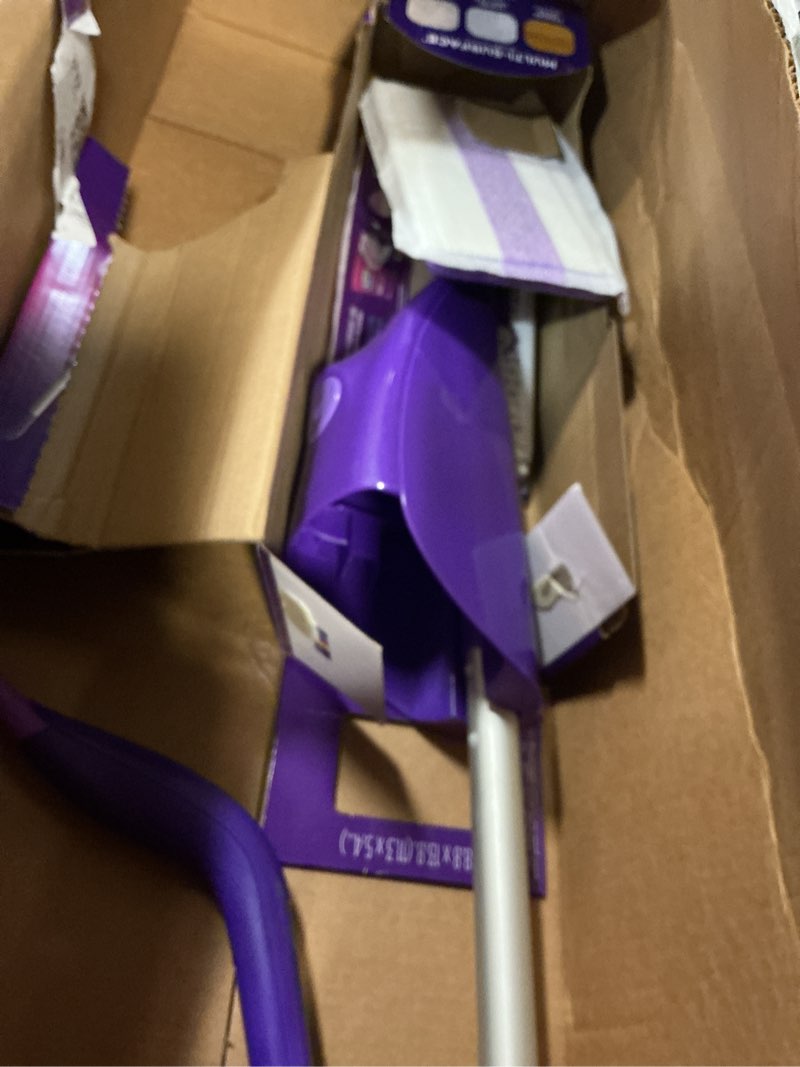 Condition photo showing As Is for Swiffer Wet Jet Mop, Floor Cleaner for Mopping Wood, Laminate, Tile in Home, Bathroom, Kitchen, All Purpose Multi-Surface Cleaning Set includes 1 Spray Mop, 5 Pads Refill, 1 Fresh Scent Solution Dust Mop