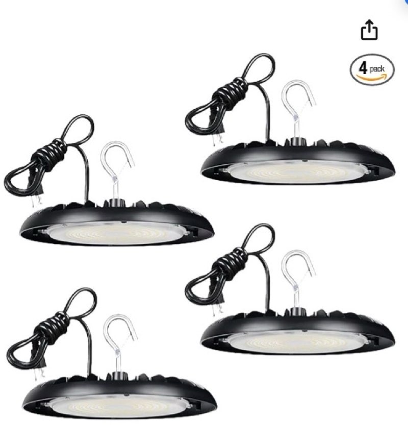  RMC UFO LED High Bay Light 150W 16500LM 5000K Daylight,with US Plug,AC120V,Non-Dim,High Bay LED Shop Lights for Garage Shop Workshop Barn,ETL Listed 4Pack