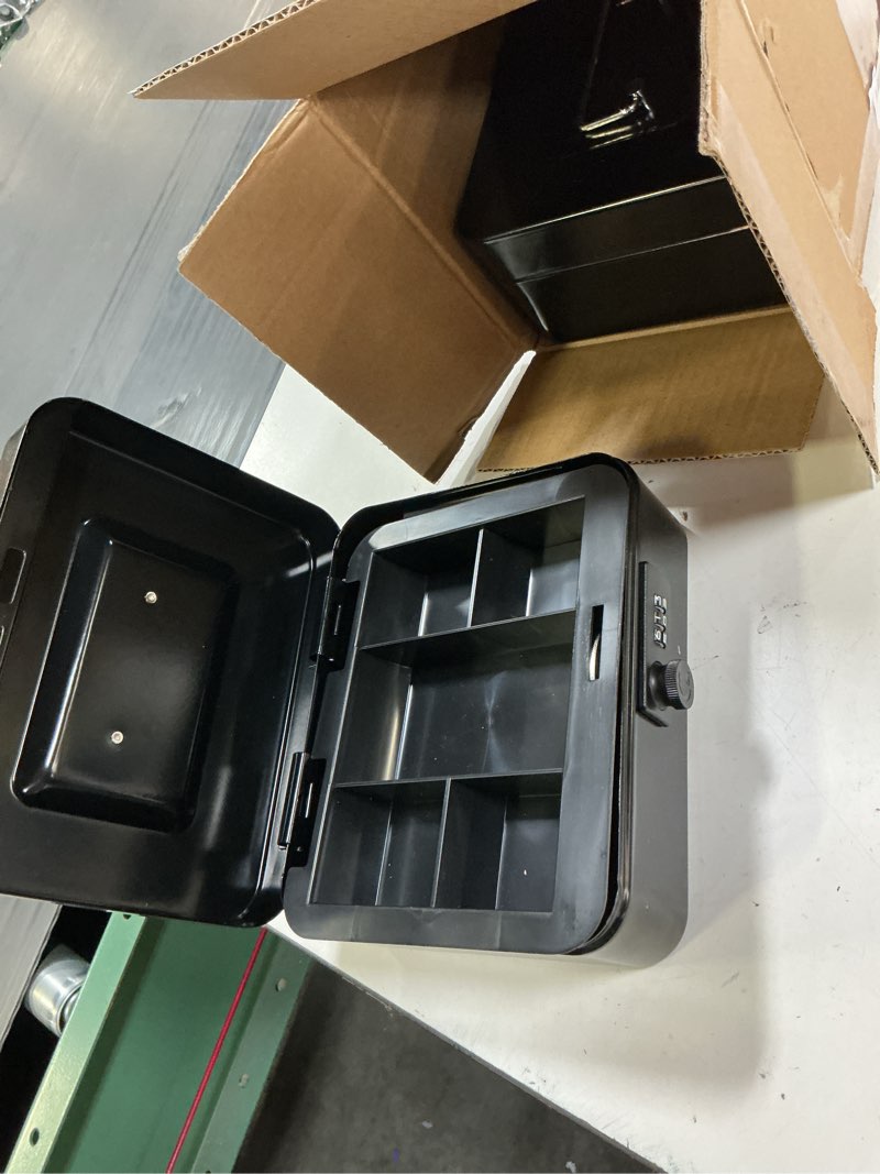 Condition photo showing As Is for kyodoled metal cash box with combination lock & money tray - secure safe for home, office & events, ideal for cash, meds & small items, 7.87" x 6.30" x 3.35", black, 2 pack medium black-2pack