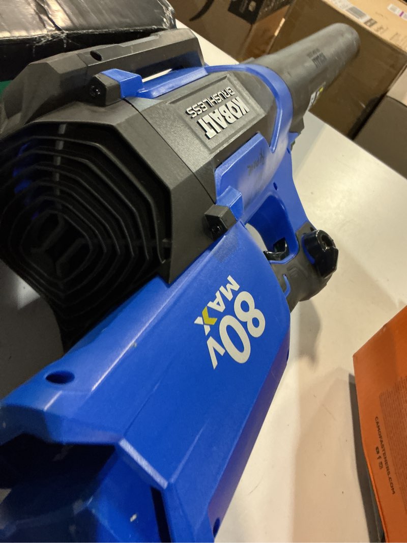 Condition photo showing As Is for kobalt 80-volt 630-cfm 140-mph battery handheld leaf blower 4 ah battery included charger included