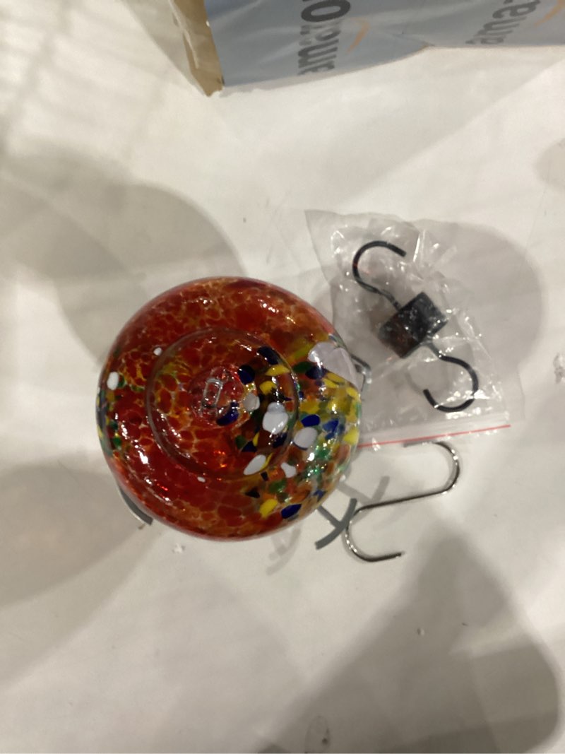 Condition photo showing New/Like New for wosibo hummingbird feeder for outdoors patio large 32 ounces colorful hand blown glass hummingbird feeder with ant moat hanging hook, rope, brush and service card (red-firework)