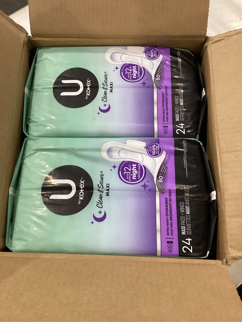 Condition photo showing New/Like New for U by Kotex Clean & Secure Overnight Maxi Pads with Wings, Extra Heavy Absorbency, 48 Count (2 Packs of 24) (Packaging May Vary) Extra Heavy Absorbency 48