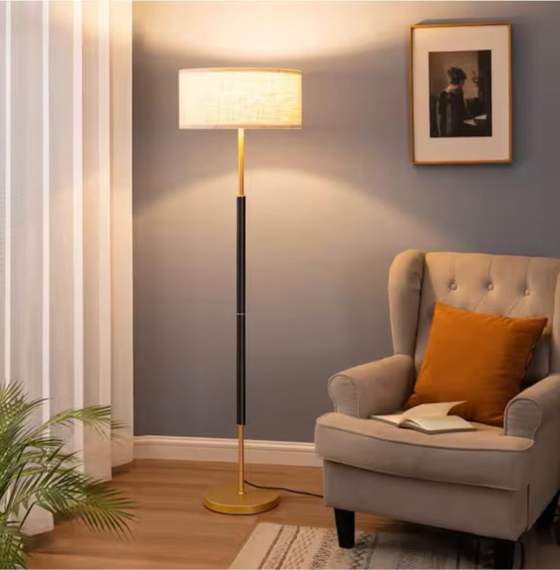 63 in. Traditional Black and Golden Standard 1-Light Floor Lamp for Living Room with Beige Drum Shade