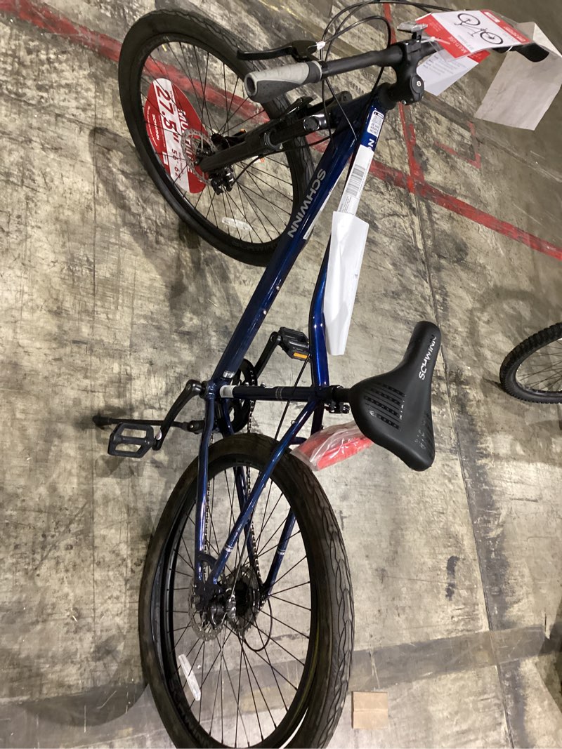 Condition photo showing As Is for schwinn junction hybrid bike, 27.5" wheels, 7-speed, suspension fork, adults, step-over, navy