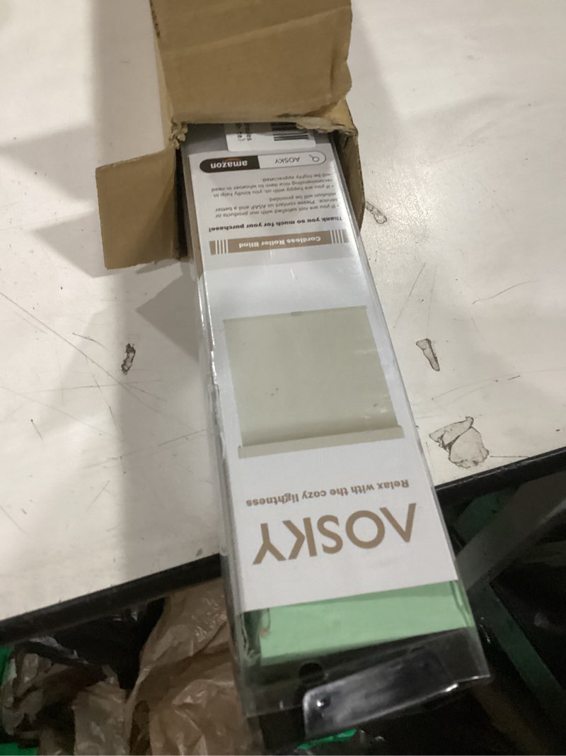 Condition photo showing As Is for aosky light filtering roller shades cordless blinds for windows, 1% openness free-stop shades with valance, thermal insulated fabric, uv protection, natural woven blinds?42" w x 72" h, white? white 42"w x 72"h