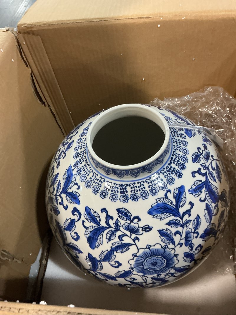 Condition photo showing Good Condition for galt international blue & white ceramic floral chinoiserie globe vase 12" dia. - round bulb shape flower vase jar classic antique home decor