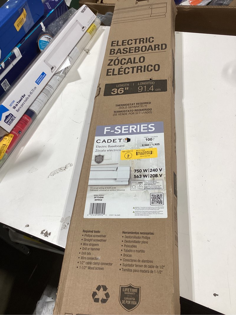 Condition photo showing As Is for cadet f series 36" electric baseboard heater (model: 3f750w, part: 09952), 2560/1925 btu, 240/208 volt, 750/563 watt, white