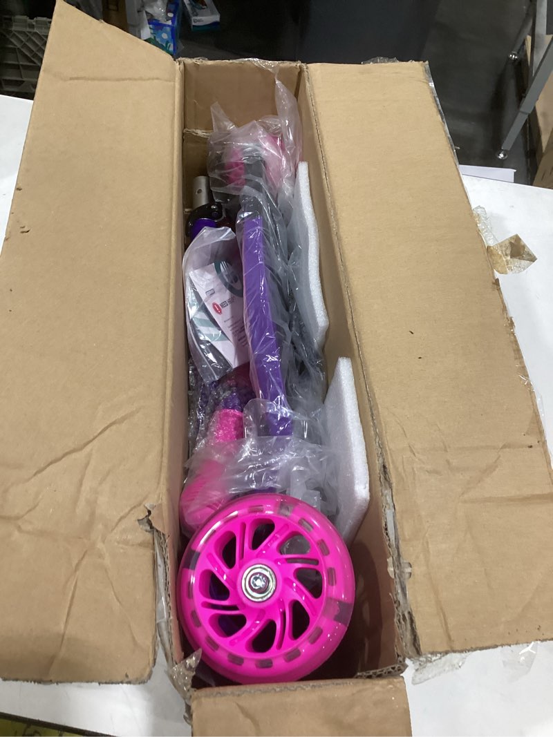 Condition photo showing As Is for gotrax ks1 kids kick scooter, led lighted wheels and 3 adjustable height handlebars, lean-to-steer & widen anti-slip deck, 3 wheel scooter for boys & girls ages 2-8 and up to 110 lbs purple