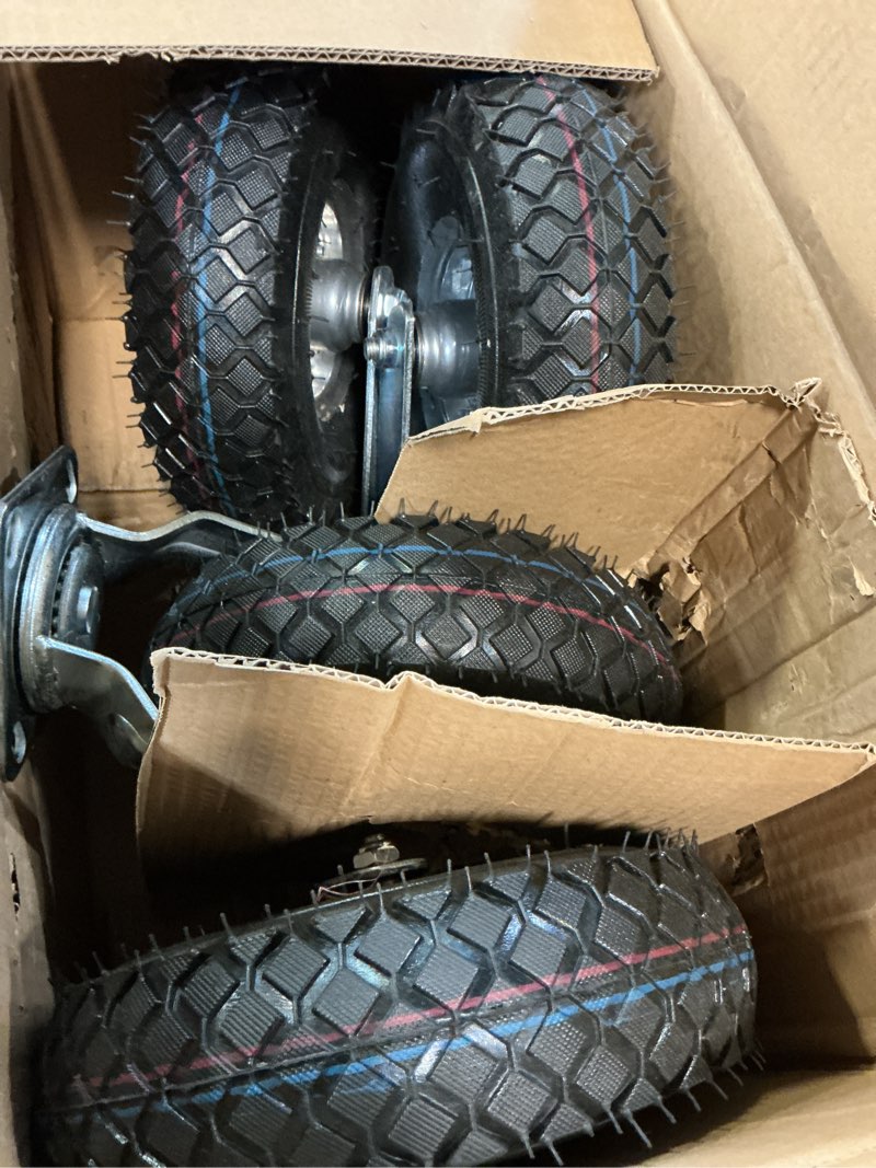 Condition photo showing Good Condition for 10 inch pneumatic casters set of 4 (2 swivel/2 rigid),heavy duty casters,tolerable 1300 lbs,rubber knobby tread for workbench, cart, trolley,wagon and shelves