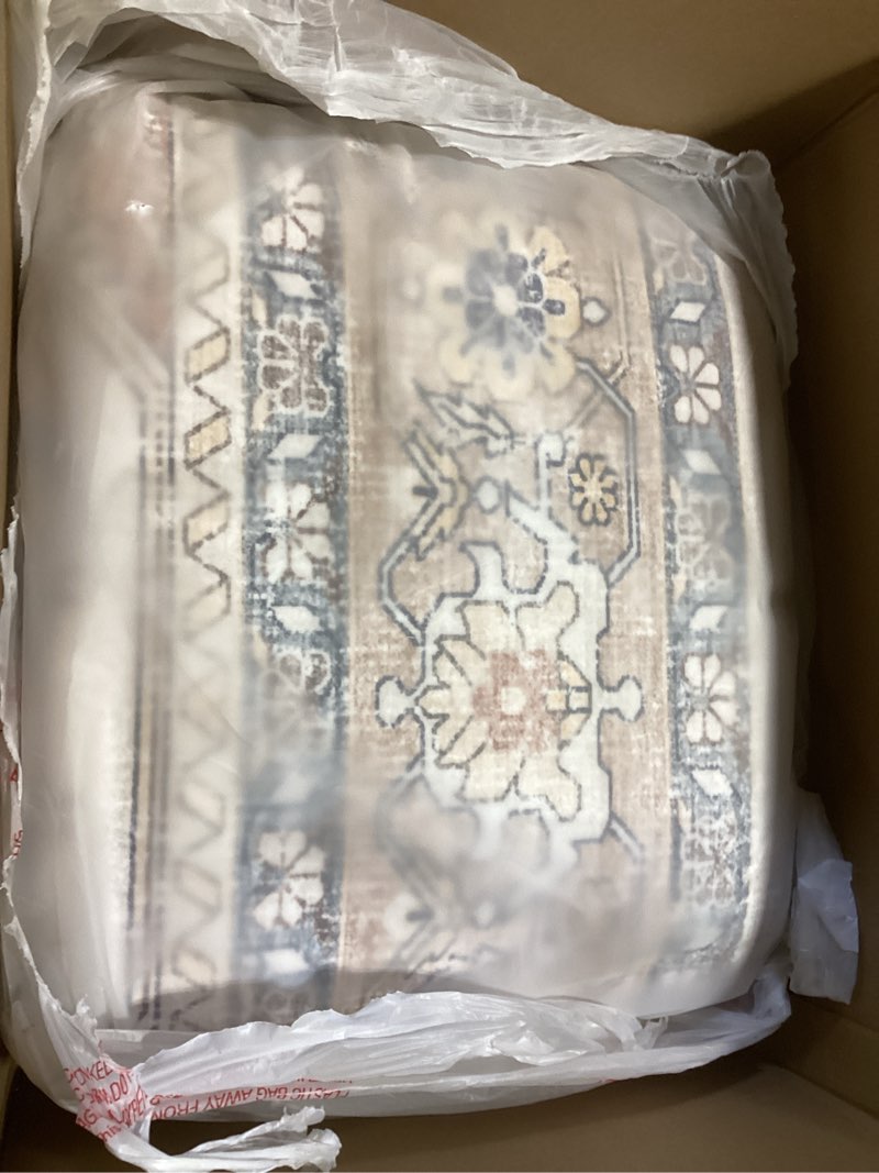 Condition photo showing Good Condition for area rugs living room: washable boho large neutral vintage soft rug stain resistant distressed farmhouse non-slip indoor floor carpet for bedroom nursery kids office dining room- beige blue beige blue