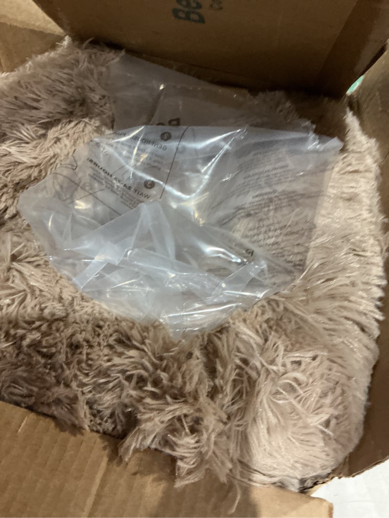 Condition photo showing Good Condition for bedsure calming dog bed for small dogs - donut washable small puppy bed, 23 inches anti-slip round fluffy plush faux fur large cat bed, fits up to 25 lbs pets, camel 23"l x 23"w x 8"th camel