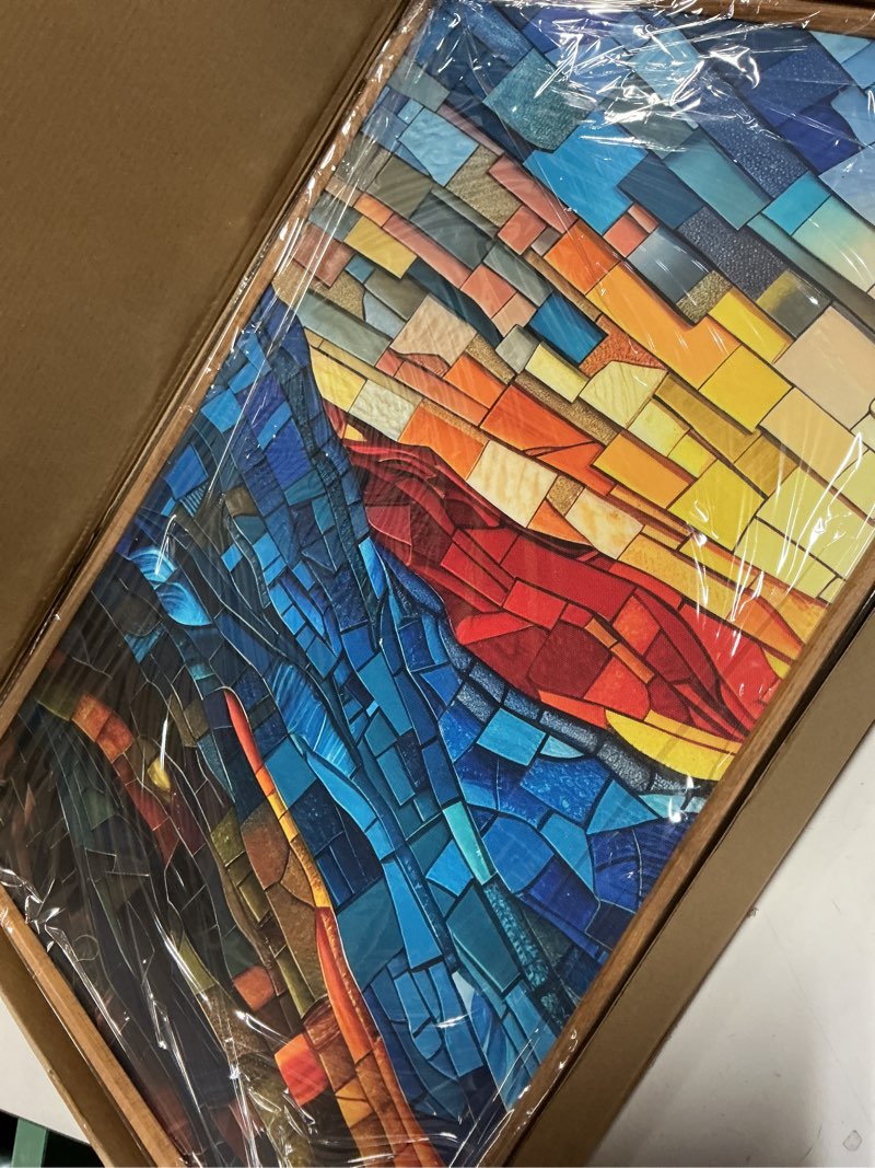 Condition photo showing New/Like New for mountains framed canvas wall art set, modern abstract art painting, irregular square ridge wall decor, sunrise art print for living room, bathroom, bedroom, office-16 x24 x3 mosaic mountain wall art 16"l x 24"w