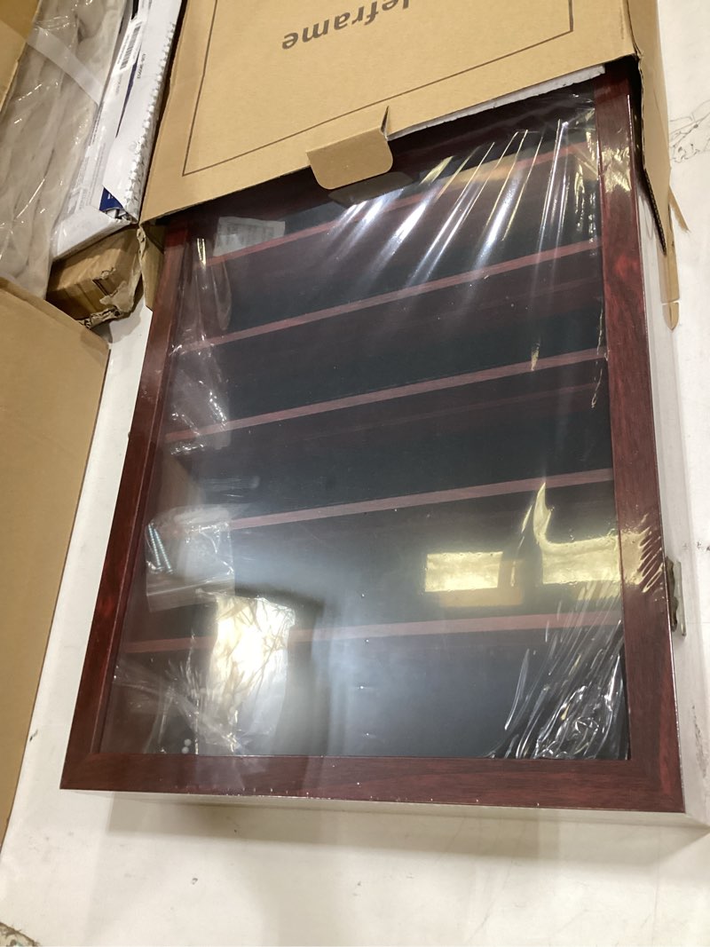 Condition photo showing Good Condition for shadow box frame with removable shelves, red 12x16 deep memory box display case for keepsake collectibles, coins military medals pins wedding flowers red 12*16