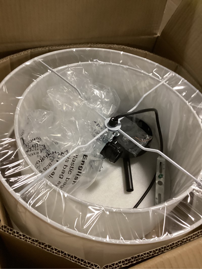 Condition photo showing Good Condition for 16" Dual Drum 3-Light Semi Flush Mount Ceiling Light, White Classic Fabric Linen Shade Design for Living Room, Bedroom, Kitchen, Dining Room, Hallway and Entryway Black