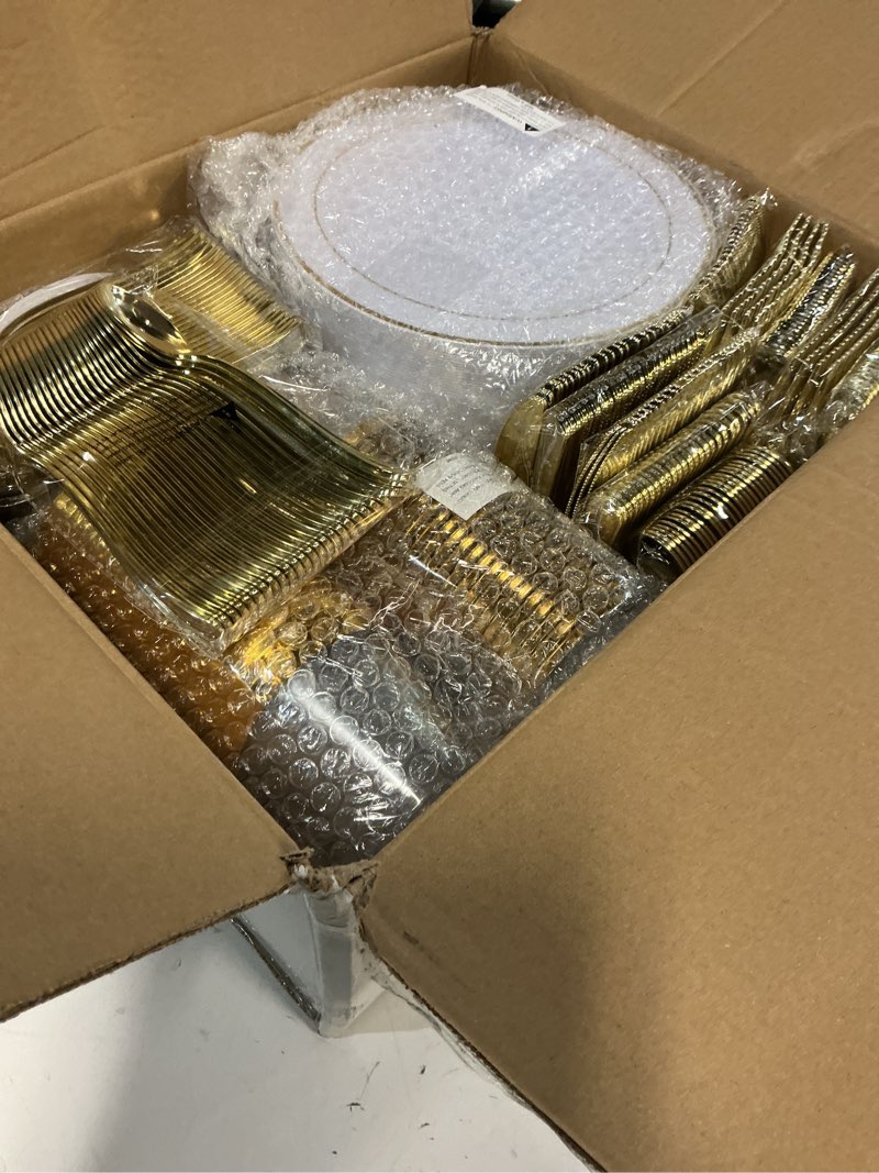 Condition photo showing New/Like New for Gold Disposable Dinnerware Set for 100 Guests - 600PC BPA-Free Plastic Plates & Cutlery Kit with 100 Dinner Plates, Salad Plates, Forks, Knives, Spoons & Cups for Christmas, Catering (Heavy-Duty) Gold 600PCS?100 Guests?