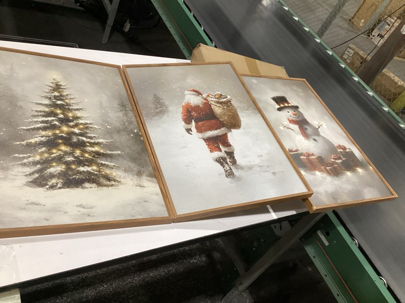 Condition photo showing Good Condition for DRACIT Large Snowy Santa Claus with Gift Sack Framed Canvas Wall Art Set,Lighted Snowman with Presents Wall Decor,Illuminating Christmas Tree Artwork for Living Room,Bedroom,Office-16 x24 x3 Snowy Santa Claus With Gift Sack Wall Art 16"L x 24"W