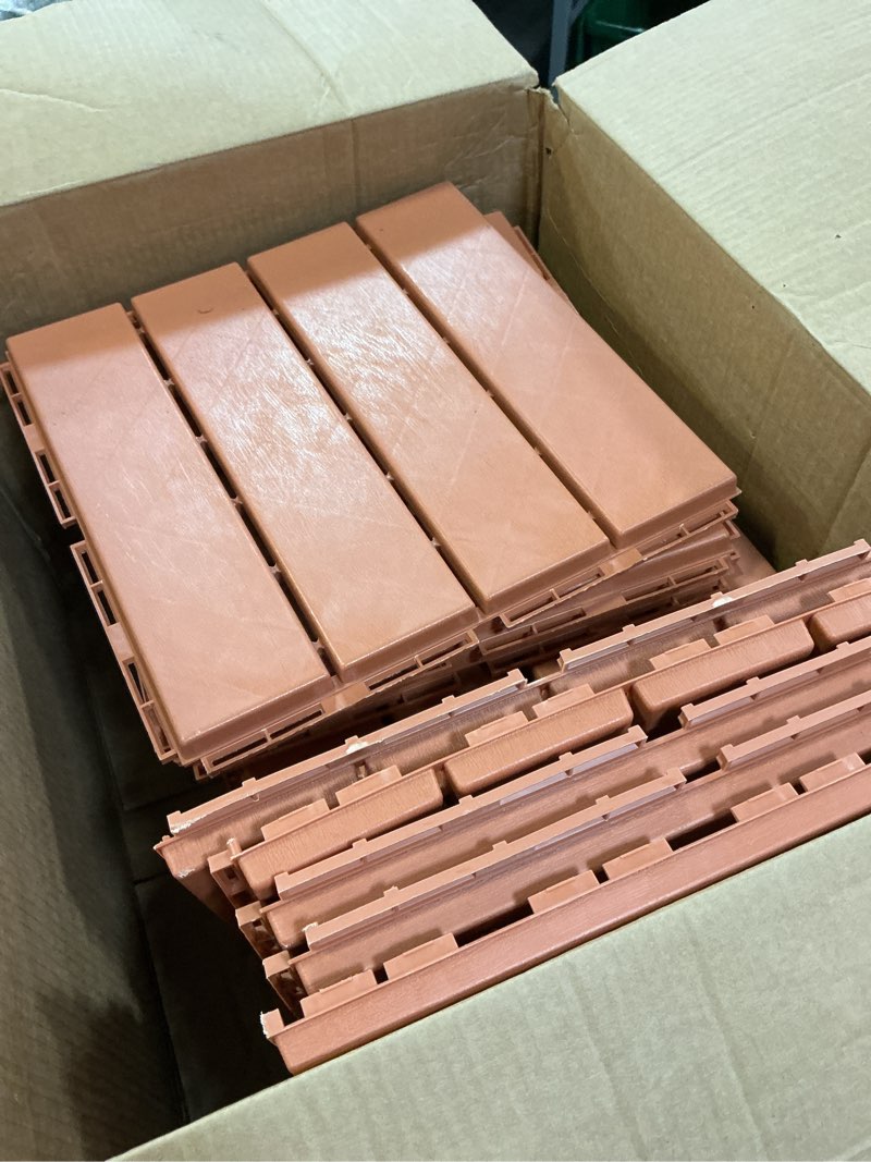 Condition photo showing Good Condition for goovilla plastic interlocking deck tiles, 9 pack balcony flooring, 12"x12" waterproof outdoor flooring all weather use, patio floor decking tiles for porch poolside backyard concrete, dark khaki 12"*12" khaki 9