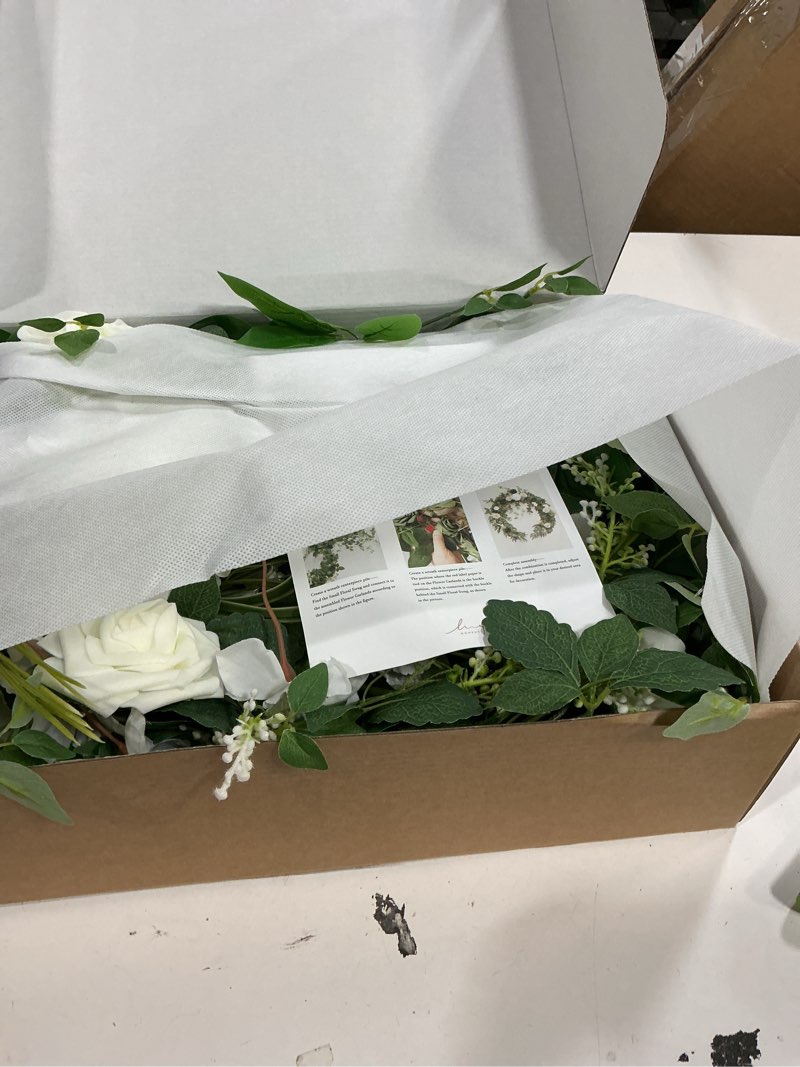 Condition photo showing New/Like New for ling's moment flower garland - 6ft eucalyptus & rose - sweetheart table decor for wedding reception, artificial floral garland for mantle, spring, christmas decoration, white & lily wht-white & lily & olive