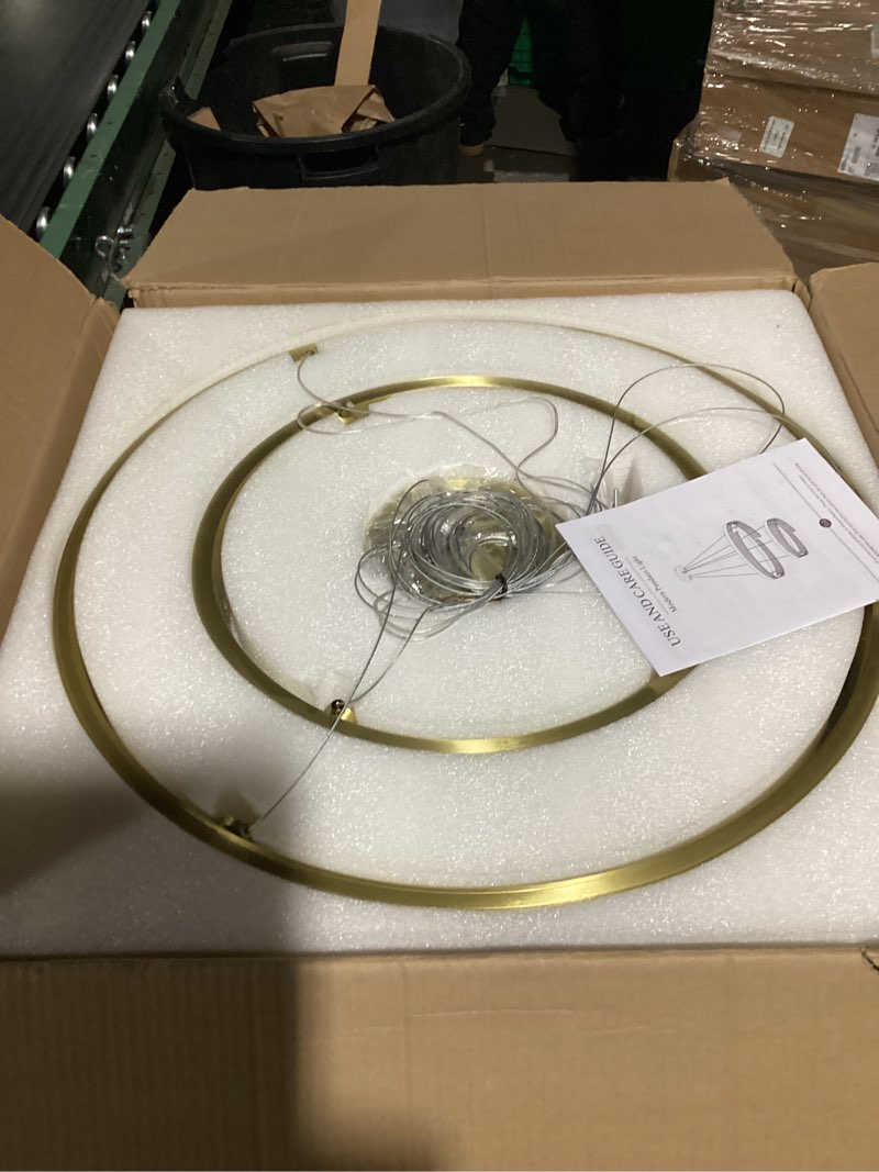 Condition photo showing As Is for Modern LED Chandelier 2 Ring Gold Penndant Light Fixture for Dining Room Dimmable Flush Mount Chandelier with Remote Control for Living Room Bedroom Foyer Gold 2-Ring