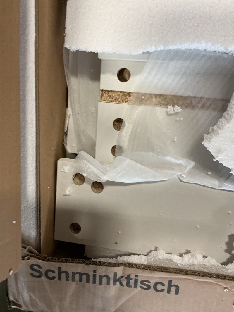 Condition photo showing As Is for VASAGLE KAILYN Collection - Vanity Desk with Power Outlets, Makeup Vanity with Mirror and Lights, Upholstered Vanity Stool, LED Lights, 6 Compartments, 2 Drawers, for Bedroom, Cloud White URDT031W01 Cloud White 35.4"W x 56.9"H Drawer with Stool