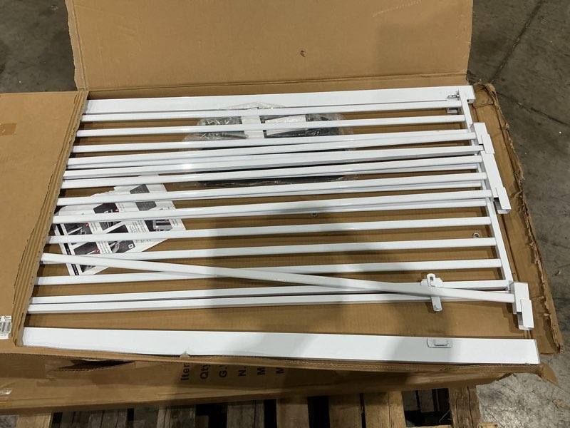 Condition photo showing As Is for 55.1 inch extra tall pet gate, extra wide 29.92\"- 43\" adjustable dog gates, pressure mounted walk through swing safety tall cat gate for doorways, stairs, kitchen(white, white 29.92\"- 43\" wide