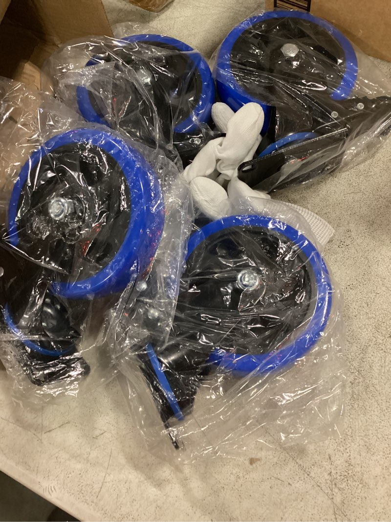 Condition photo showing New/Like New for 5 inch caster wheels, casters set of 4 heavy duty with brake, safety dual locking casters, no noise wheels with polyurethane foam, load 2400lbs (two hardware kits included)