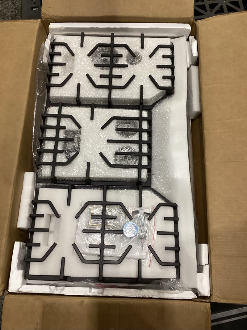 Condition photo showing As Is for has light damage on bottom 36 inch gas cooktop with grill/griddle, gas stove top with 5 italy sabaf sealed burners, max 48,300
