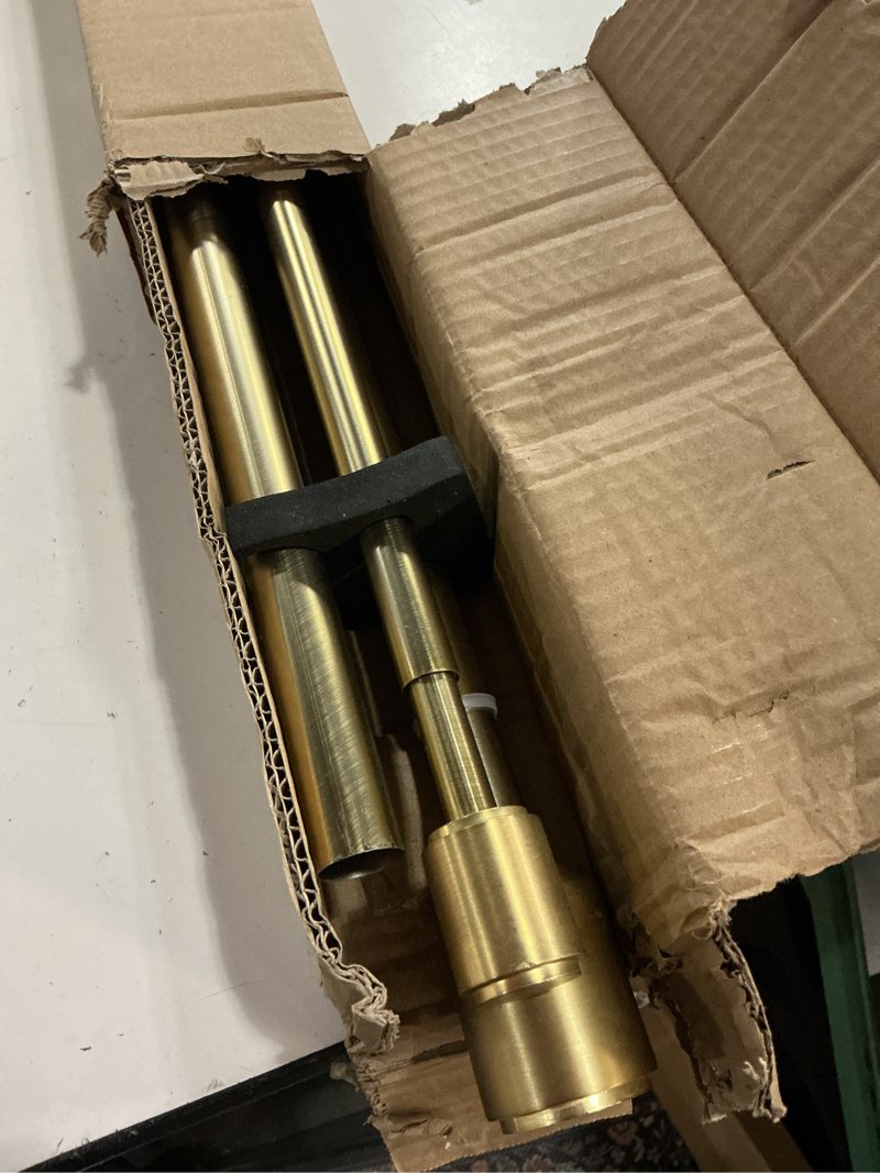 Condition photo showing Good Condition for warm gold double curtain rods 72-144 inches, decorative with cap finials, 1 inch front, 5/8 inch back warm gold 72-144"