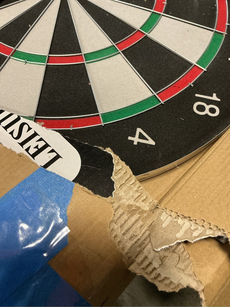 Condition photo showing Good Condition for dartboard with stand, 34"-74" adjustable height dartboard stand for adults, 18" dart board, sturdy tripod, portable design with 6 darts for travel, home, bars, or outdoor games