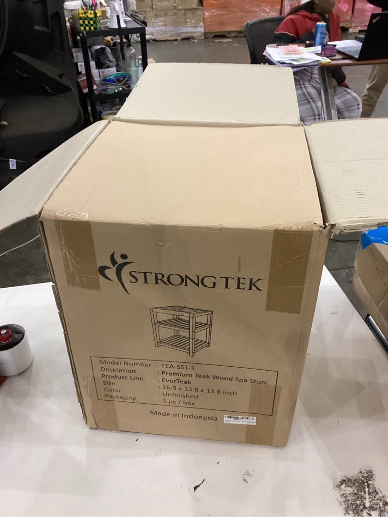 Condition photo showing New/Like New for Strongtek teak wood spa tool bench stool with shelf