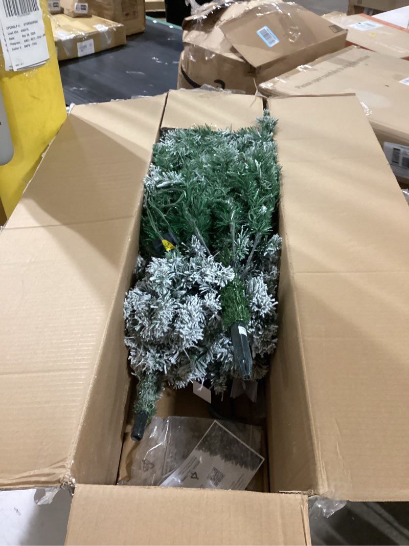 Condition photo showing As Is for National Tree Company 7.5 ft Pre-Lit Flocked Acacia Slim Artificial Christmas Tree, 350 Clear Lights, 641 Tips, Includes Stand, Green