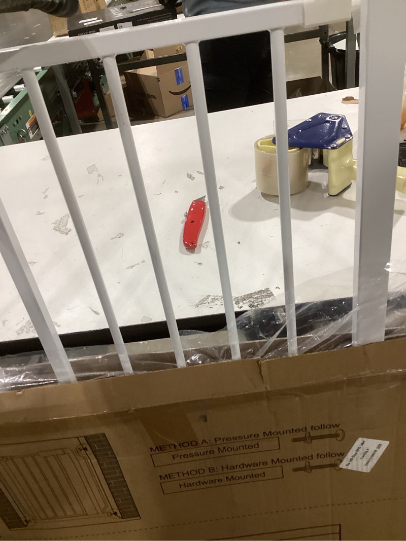 Condition photo showing Good Condition for Narrow Baby Gate with Door 24.5-29 Inch Wide - Walk Through Dog Gates for Small Doorways Stairway - Pressure Mounted Child Gate Fits 25 26 27 28 29 Inch Wide Opening standard 30 inches tall 24.2-29 Inch
