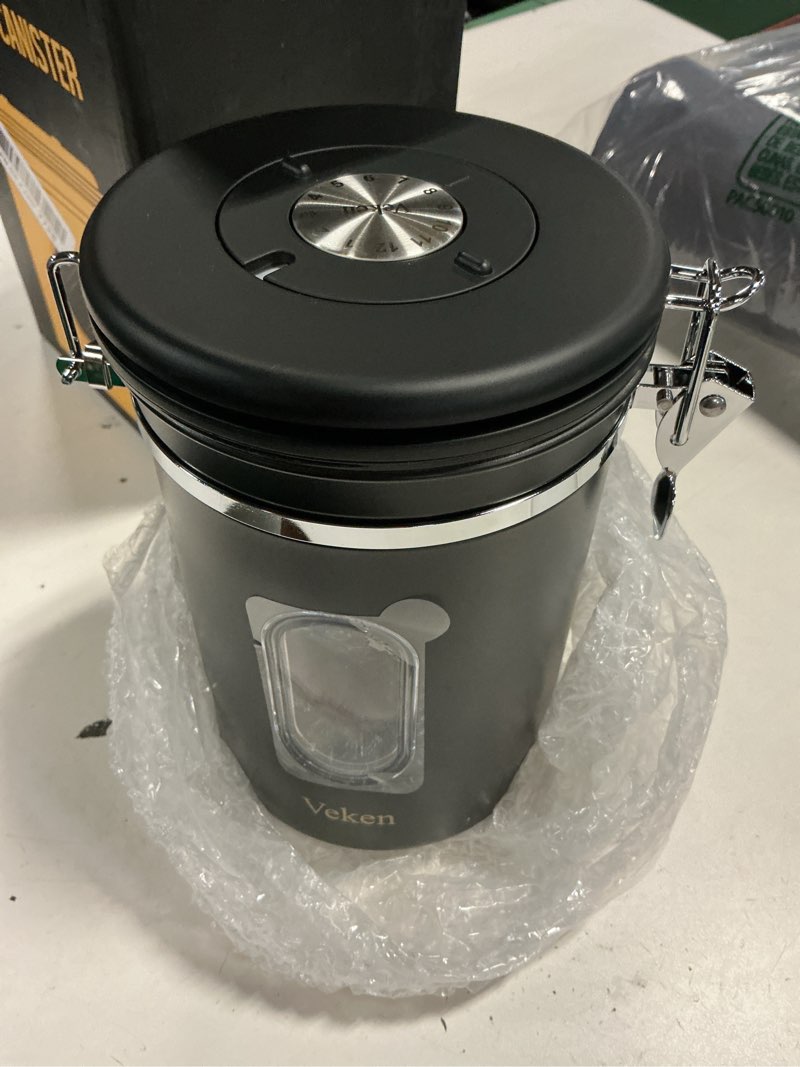 Condition photo showing New/Like New for veken coffee canister with window, airtight stainless steel container, 22oz | kitchen food storage organizers for beans,ground,espresso,rice,tea,sugar,bar accessories,gifts,jars, scoop,black