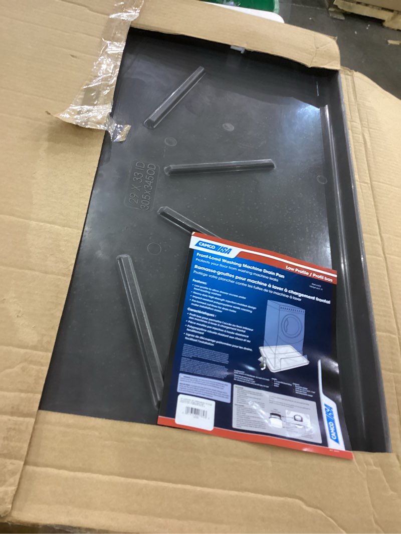 Condition photo showing New/Like New for Camco 20784 Low Profile Washing Machine Drain Pan with PVC Fitting, 30 ½-Inch x 34 ½-Inch, Graphite - Protects Your Floors from Washing Machine Leaks - Easy to Use Standard Packaging Graphite 30.5" x 34.5"