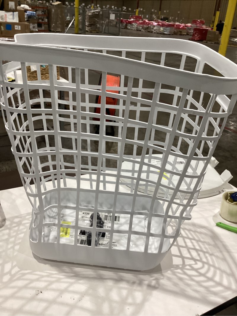 Condition photo showing As Is for mainstays 2.6-bushel white rolling laundry hamper with easy-clean plastic and smooth-glide wheels